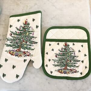 Spode Christmas Tree Green Pot Holder/Oven Mit Set Avanti Linens
